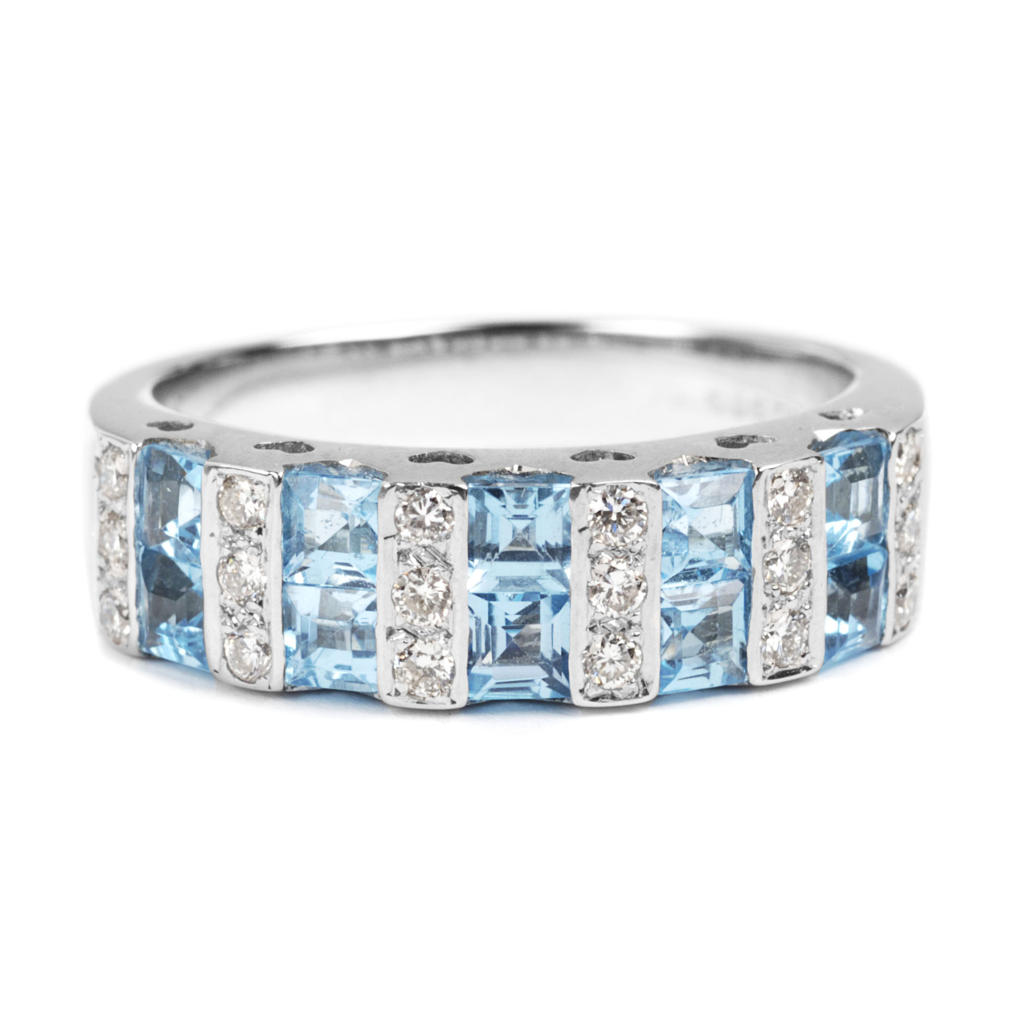 18ct White Gold, Aquamarine & Diamond Half Eternity Ring » John Start