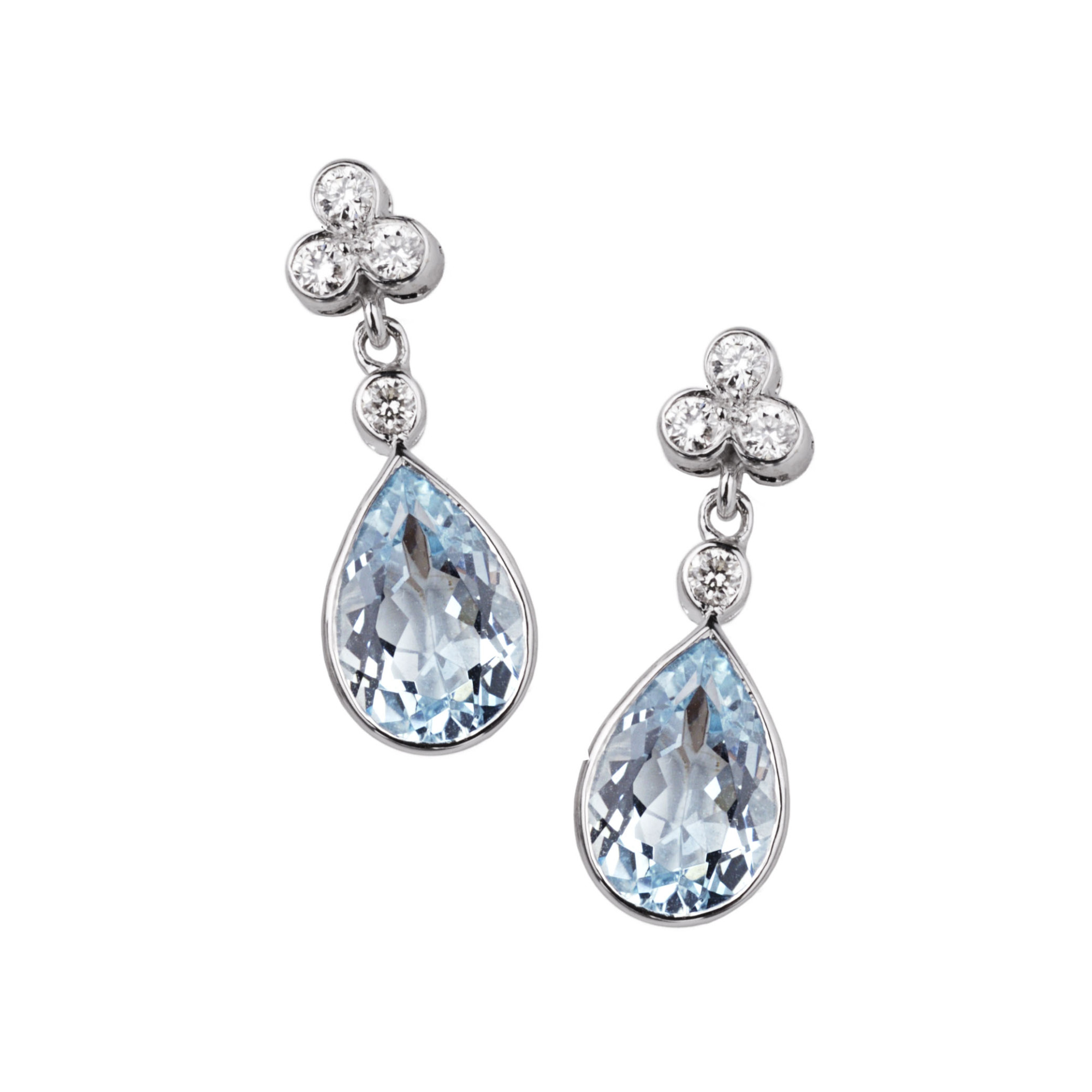 Pear Shaped Aquamarine & Diamond Trefoil 18ct White Gold Earrings