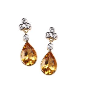 18ct Yellow Gold Citrine & Diamond Drop Earrings