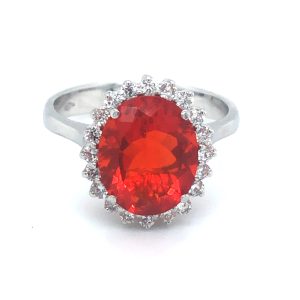 Mexican Fire Opal Diamond Cluster 18ct White Gold Ring