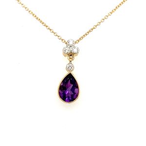 Pear Shaped Amethyst & Diamond Trefoil 18ct YG Pendant