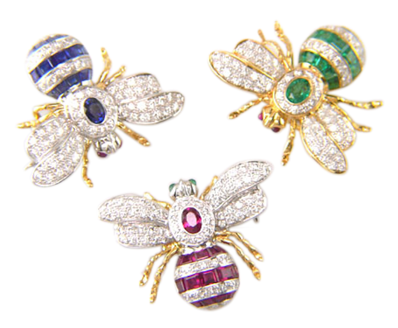 18ct Yellow Gold, Sapphire, Ruby, Emerald & Diamond Bee Brooches