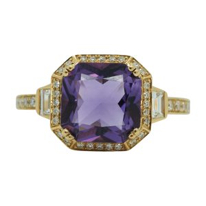Octagon Amethyst & Baguette Diamond Shoulders, 18ct Yellow Gold Ring
