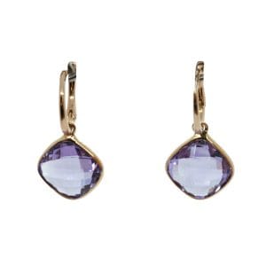 Cushion Shaped Checkerboard Cut Amethyst, 18ct & 9ct Yellow Gold Drop Earrings