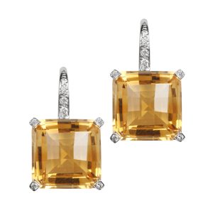 18ct White Gold Square Citrine & Diamond Drop Earrings