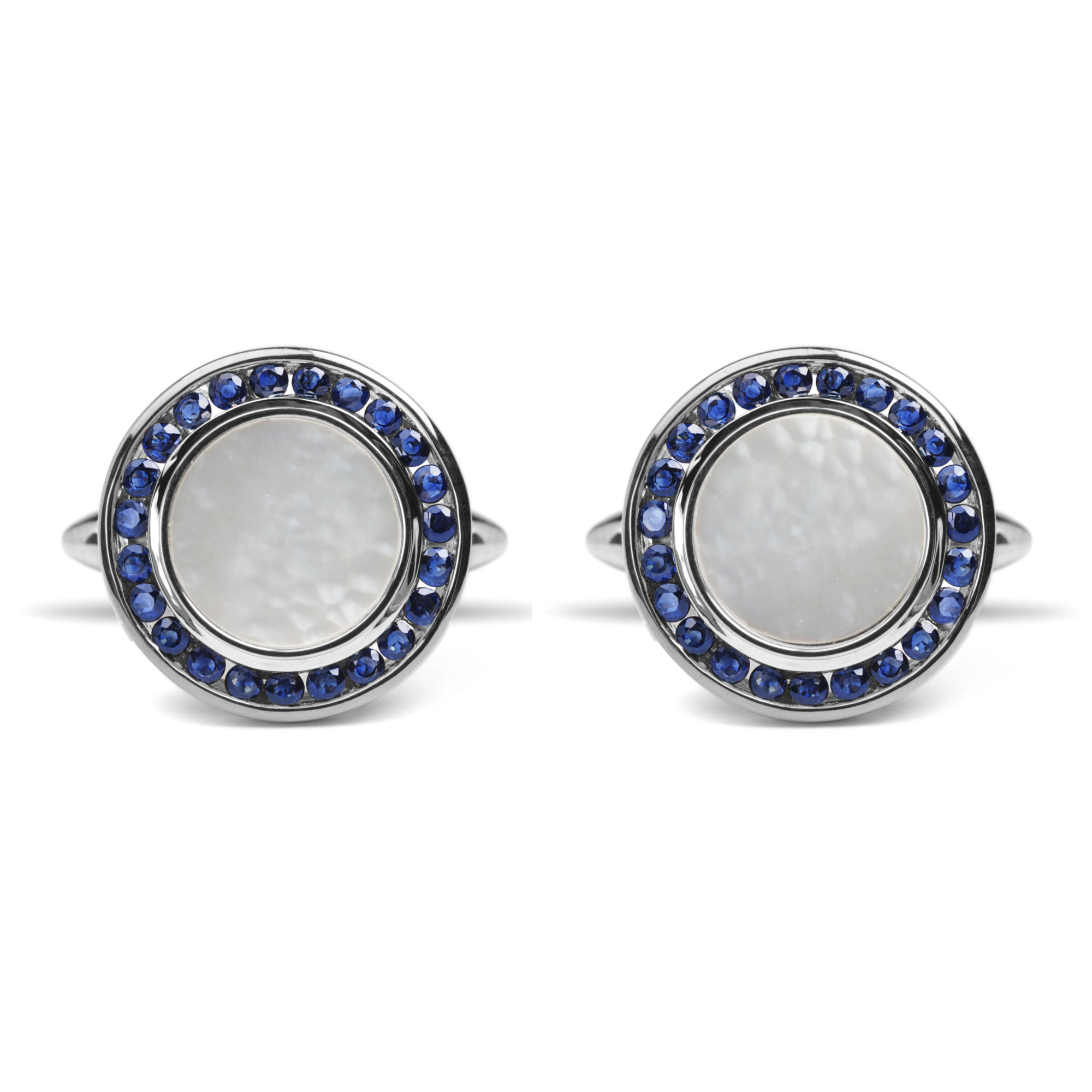 Mother of Pearl, Sapphire & 9ct White Gold Round Cufflinks - Image 2