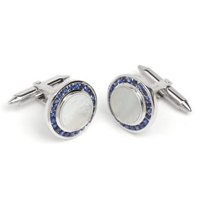 Mother of Pearl, Sapphire & 9ct White Gold Round Cufflinks