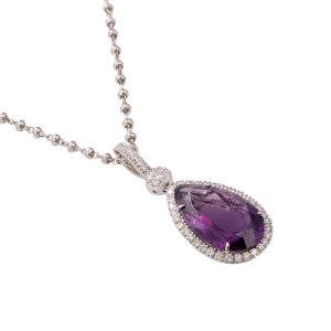 18ct White Gold, Pear Cut Amethyst & Diamond Pendant