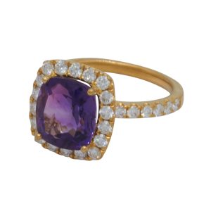 Cushion Cut Amethyst Diamond Cluster 18ct Yellow Gold Ring