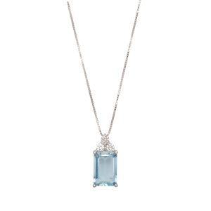 18ct White Gold, Emerald Cut Aquamarine & Diamond Pendant