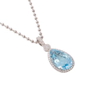18ct White Gold Blue Topaz Pear Cut & Diamond Pendant
