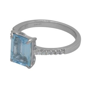 Octagon Aquamarine 18ct White Gold Ring with Diamond Shoulders