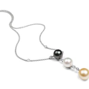 Triple Pearl Drop Pendant with White Gold & Diamond Chain