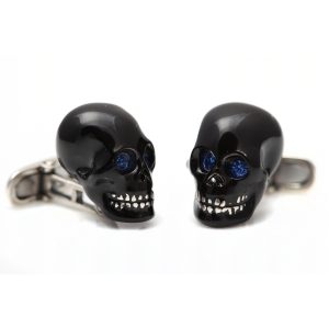 Sterling Silver, Black Enamel & Crystal Eyes Skull Cufflinks