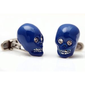 Sterling Silver, Blue Enamel & Crystal Eyes Skull Cufflinks