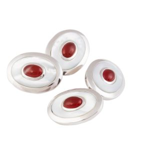 Sterling Silver, Double Oval, Ruby & Mother of Pearl Chain link Cufflinks