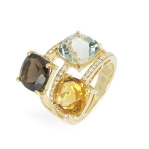 3 x Cushion Cut Smokey Quartz, Citrine, Blue Topaz 18ct Yellow Gold Ring with Diamonds on Mount