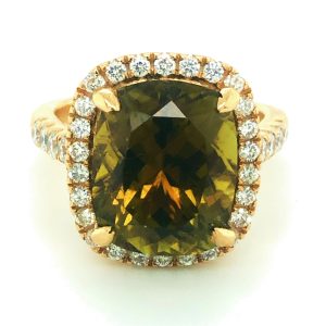 Fine Olive Tourmaline & Diamond 18ct Yellow Gold Ring