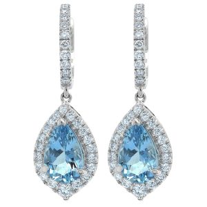 18ct White Gold Diamond & Aquamarine Drop Earrings