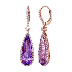 Amethyst & Diamond 18ct Rose Gold Cross Checkered Pear Cut Drop Earrings