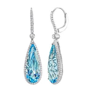 Cross Checkered Cut Pear Blue Topaz & Diamond, 18ct White Gold Drop Earrings