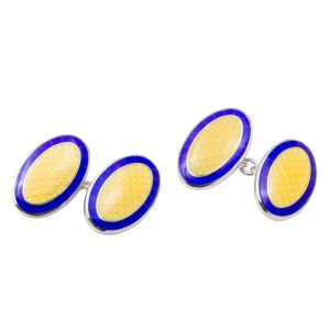 Sterling Silver, Yellow & Blue Enamel Oval Cufflinks