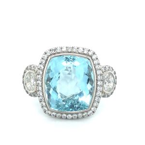 Cushion Cut Aquamarine & Diamond Shoulder 18ct White Gold Ring