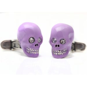 Sterling Silver, Lilac Enamel & Crystal Eyes Skull Cufflinks