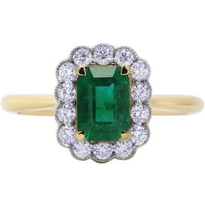 Octagon Cut Emerald, Diamond Cluster 18ct Yellow Gold Ring