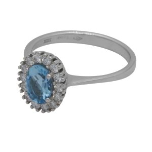 Oval Aquamarine Diamond Cluster 18ct White Gold Ring