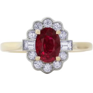 Oval Ruby, Diamond Cluster 18ct Yellow Gold Ring