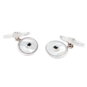 Sterling Silver Mother of Pearl & Sapphire Double Oval Cufflinks