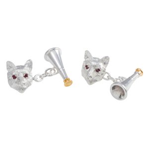 Sterling Silver Fox & Horn with Ruby Eyes & Gold End Cufflinks