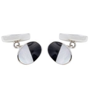 Sterling Silver Double Oval Mother of Pearl and Onyx Chain Link Cufflinks