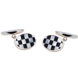 Sterling Silver Double Oval Chequered Mother of Pearl & Onyx Cufflinks