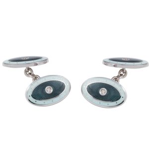 Sterling Silver Double Oval Green Enamel with Diamond Centre Cufflinks