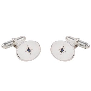 Sterling Silver Oval Cufflinks & Sapphire Centre with Swivel