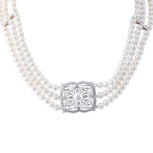 Three Row Freshwater Pearls, Sterling Silver Clasp with Crystals