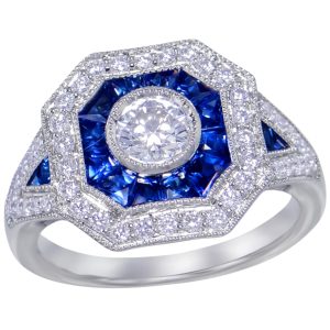 Diamond Centre & Sapphire Art Deco style 18ct White Gold Ring