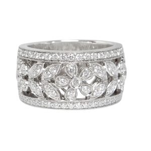 18ct White Gold & Diamond Flower Filigree Half Eternity Ring