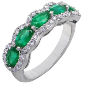 5 Stone Oval Emerald & Diamond Cluster 18ct White Gold Ring