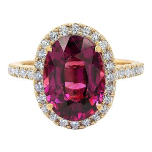 Intense Pink Oval Rhodorite & Diamond 18ct Yellow Gold Ring