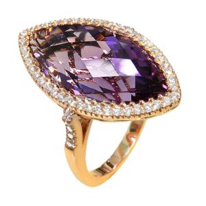 Marquis Checkerboard Cut Amethyst  & Diamond 18ct Rose Gold Ring