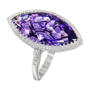 Marquis Checkerboard Cut Amethyst  & Diamond 18ct White Gold Ring