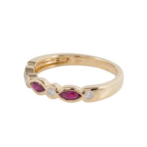 18ct Yellow Gold, Marquise Ruby & Round Diamond Half Eternity Ring