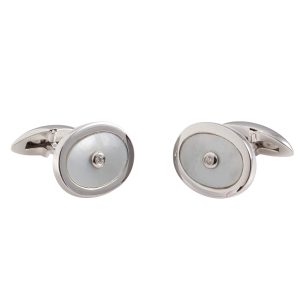 Sterling Silver, Mother of Pearl & Diamond Oval Cufflinks