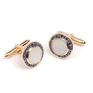9ct Yellow Gold, Sapphire & Mother of Pearl Round Cufflinks
