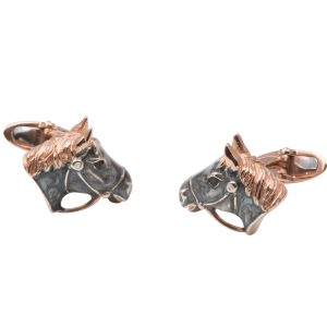 Rose Gold Gilt & Grey Enamel Horse Head Cufflinks
