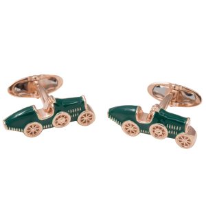 Rose Gold Gilt Sterling Silver & Green Enamel Car Cufflinks