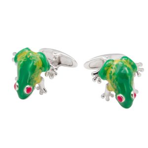 Sterling Silver, Green & Red Enamel Frog Cufflinks
